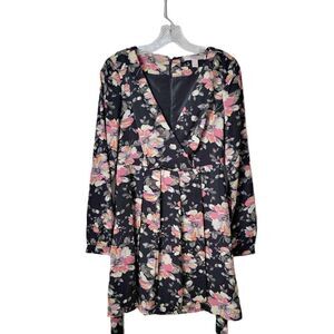 Forever 21 Black Floral Print Long Sleeve A Line Dress Tie Back Size Small